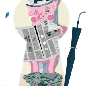 cochon rose lit un journal sur les toilettes son pantalon en bas des pattes un parapluie debout un chapeau avec des plumes sur la tête la scène est vue à travers un trou de serrure