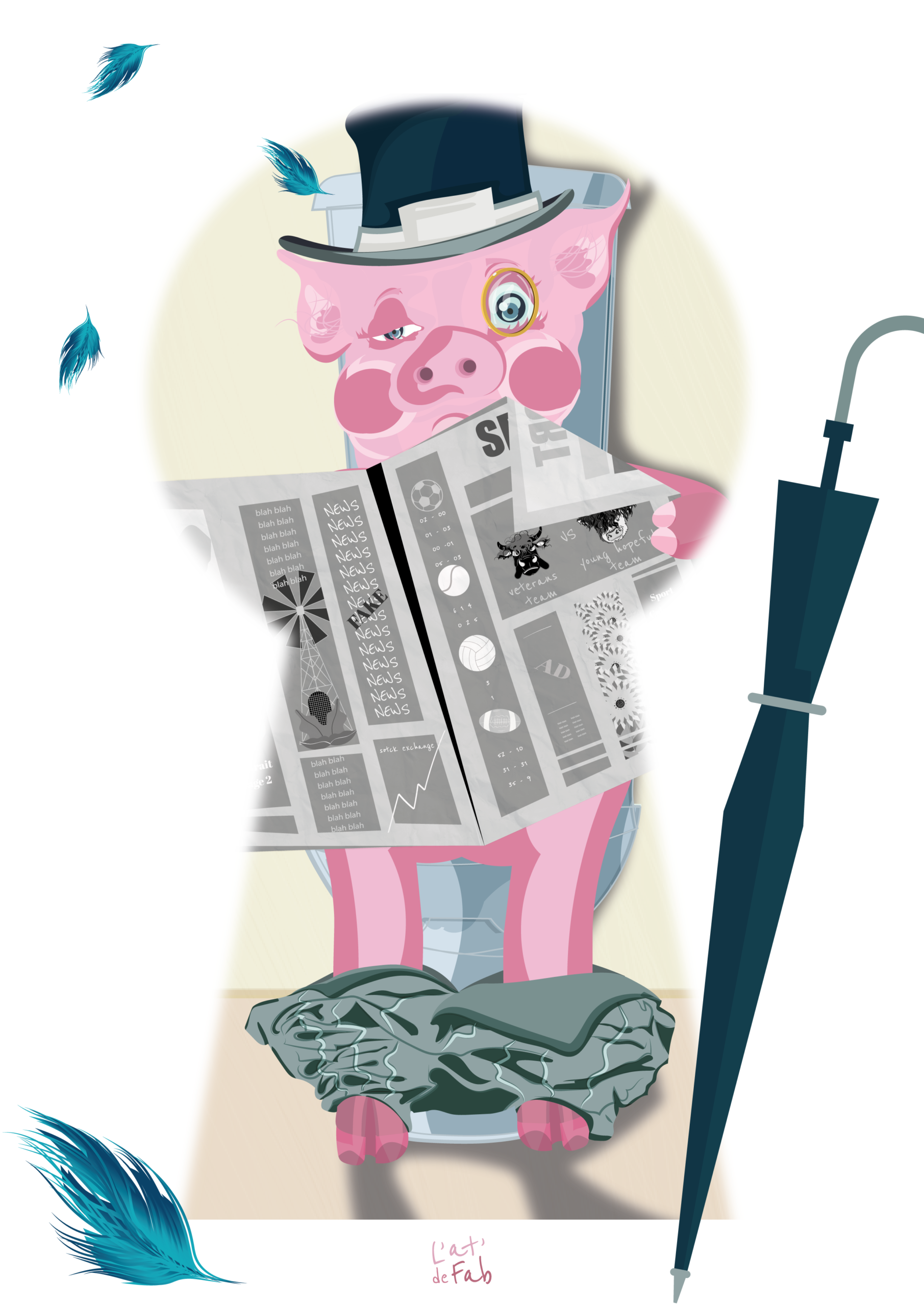 cochon rose lit un journal sur les toilettes son pantalon en bas des pattes un parapluie debout un chapeau avec des plumes sur la tête la scène est vue à travers un trou de serrure