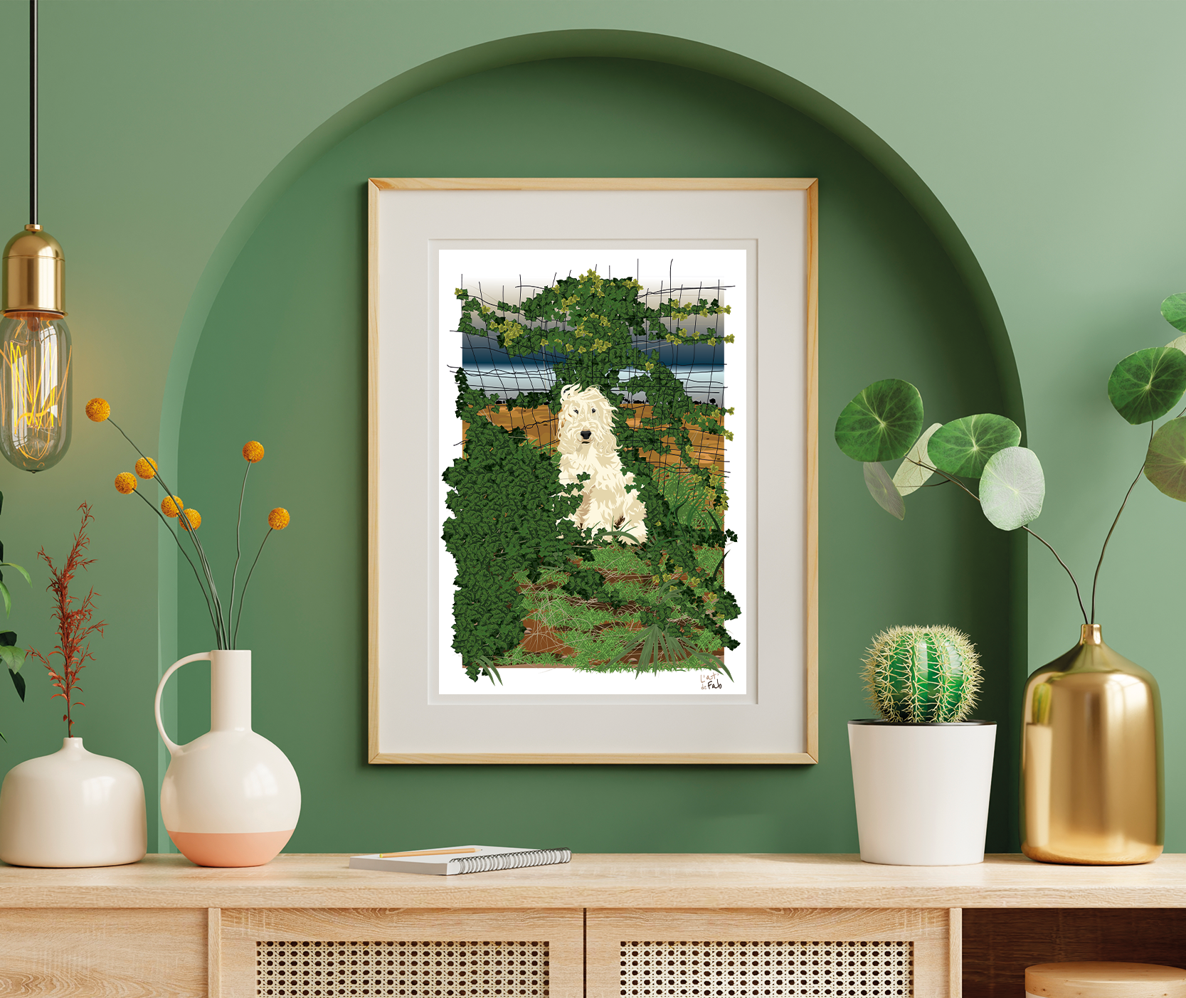 illustration cocker en pleine nature cheveux au vent accrochée au mur