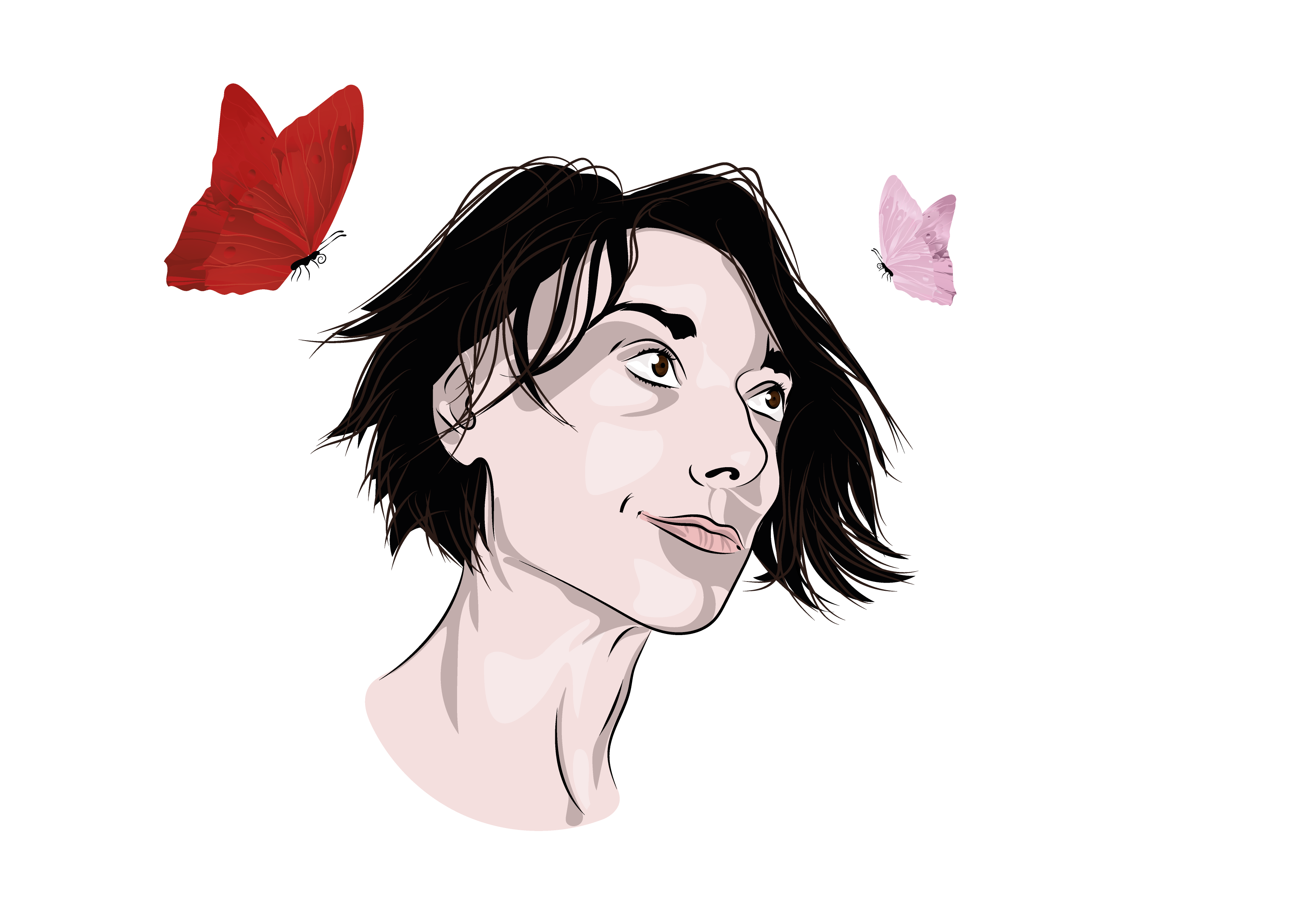 portrait avec deux papillons volant autour de l'artiste