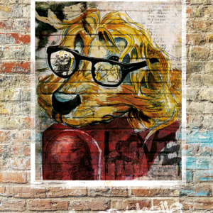 chien cocker gros plan sur sa tête posée sur un accoudoir rouge illustration street art sur mur coloré la vie est belle inscrit sur le mur
