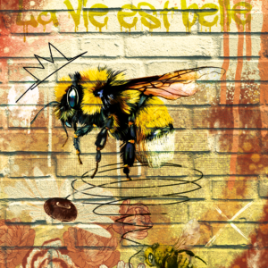 Bourdon survole des fleurs street art sur un mur en brique