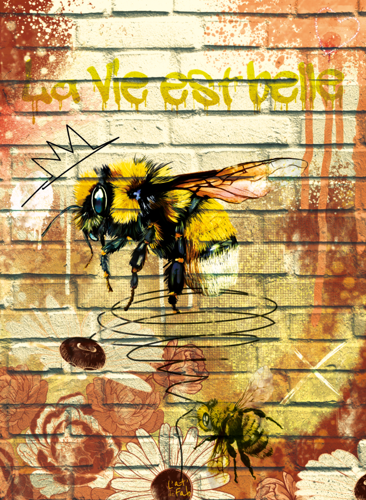 Bourdon survole des fleurs street art sur un mur en brique