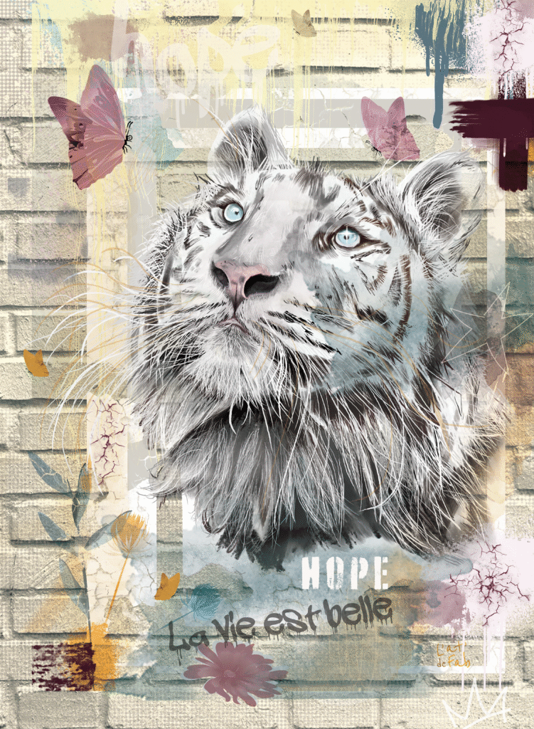 tigre blanc regarde un papillon voler devant ses yeux affiche street art sur un mur en brique