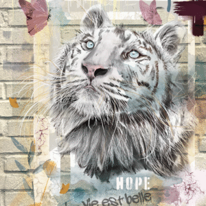 tigre blanc regarde un papillon voler devant ses yeux affiche street art sur un mur en brique